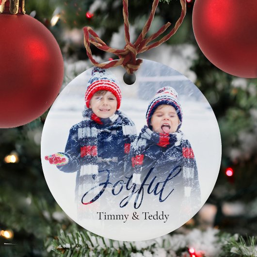 Kerstfoto Navy Blauw Sneeuwvlok Vrolijk Script Keramisch Ornament