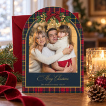 Kerstfoto Navy Tartan Rode Strik