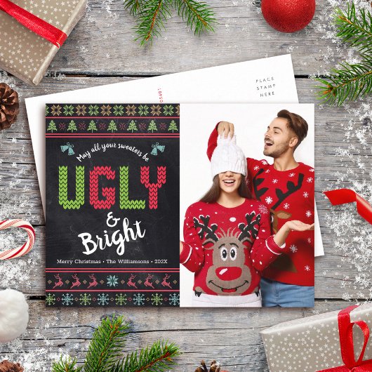 Kerstfoto Nordic Ugly Sweater Fun Chalkboard Feestdagenkaart