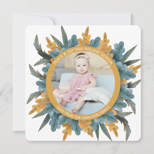 kerstfoto Oranje blauw blad Feestdagenkaart (Voorkant)