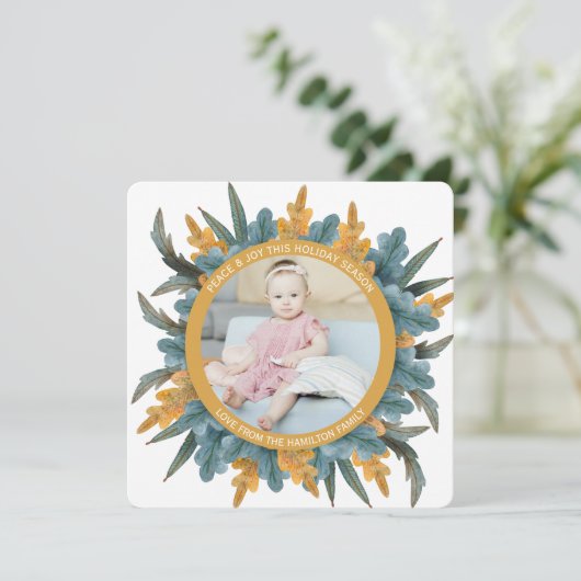 kerstfoto Oranje blauw blad Feestdagenkaart (Staand voorkant)