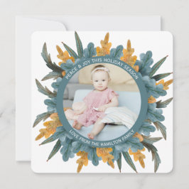 kerstfoto Oranje blauw blad Feestdagenkaart