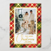 Kerstfoto Plaid Goud Folie Feestdagenkaart (Voorkant)