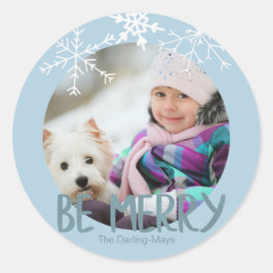 Kerstfoto Prettig Kerstfeest Blauwe Sneeuwvlokken Ronde Sticker