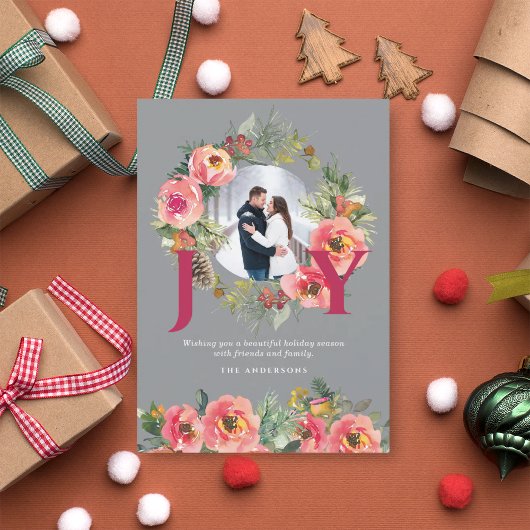 Kerstfoto Red Joy Floral Wreath Botanical Feestdagenkaart