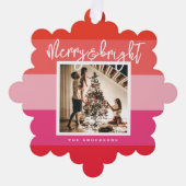 Kerstfoto Red Pink Stripes Vakantie Ornament Kaart (Voorkant)