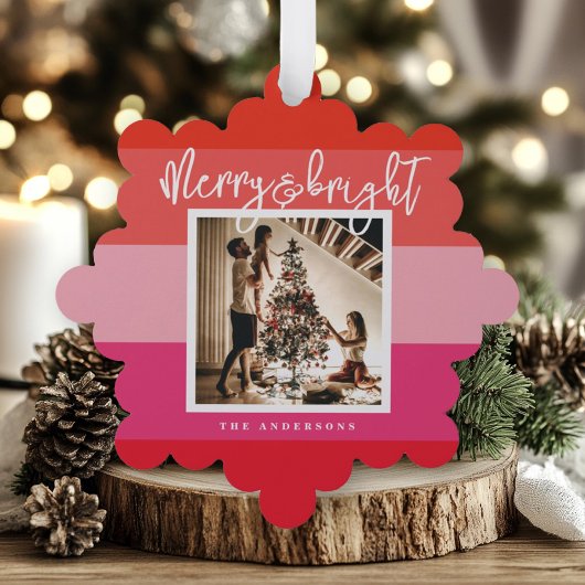 Kerstfoto Red Pink Stripes Vakantie Ornament Kaart