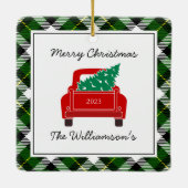 kerstfoto: Red Truck Green Pset Keramisch Ornament (Achterkant)