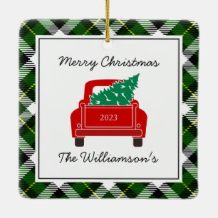 kerstfoto: Red Truck Green Pset Keramisch Ornament