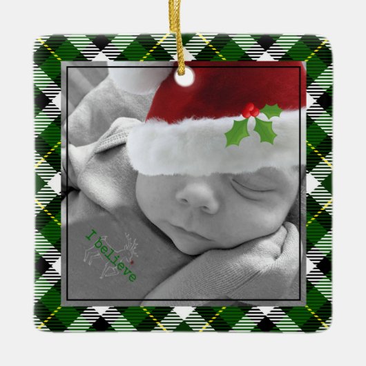 kerstfoto: Red Truck Green Pset Keramisch Ornament (Voorkant)