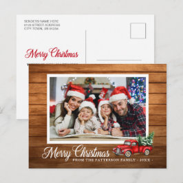 kerstfoto Red Truck Rustic Wood Style Briefkaart