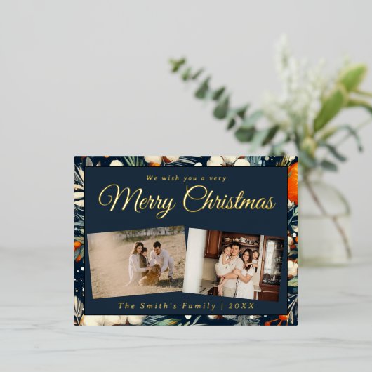 Kerstfoto  retro bloemenfoto folie feestdagen briefkaart (Staand Voorkant)