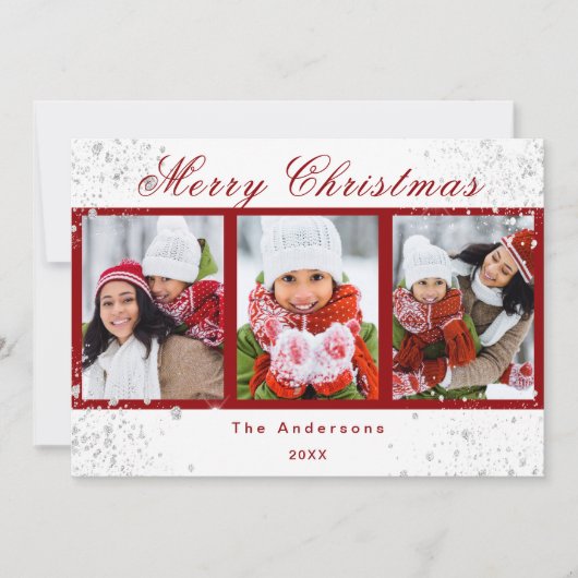 Kerstfoto rode witte glitter sparren modern (Voorkant)