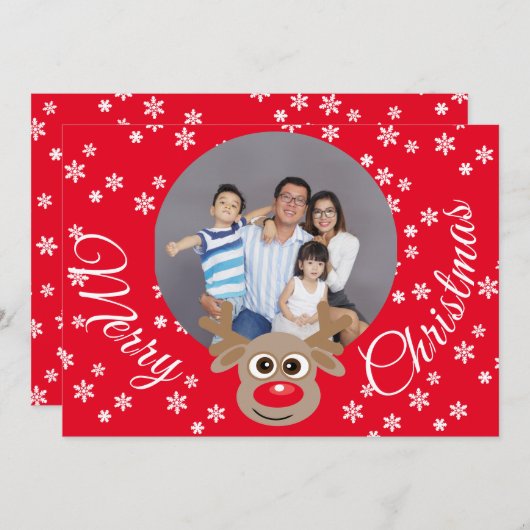 Kerstfoto Rood Schattige rendier Wit Script Feestdagenkaart (Voorkant / Achterkant)