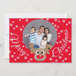 Kerstfoto Rood Schattige rendier Wit Script Feestdagenkaart