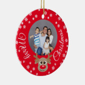 Kerstfoto Rood Schattige rendier Wit Script Keramisch Ornament (Rechts)