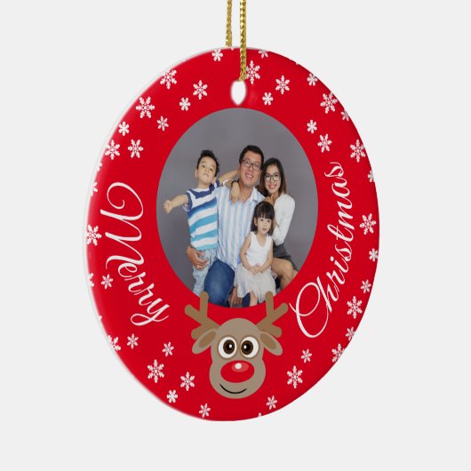 Kerstfoto Rood Schattige rendier Wit Script Keramisch Ornament (Rechts)