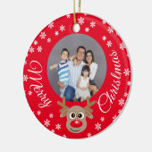 Kerstfoto Rood Schattige rendier Wit Script Keramisch Ornament (Links)