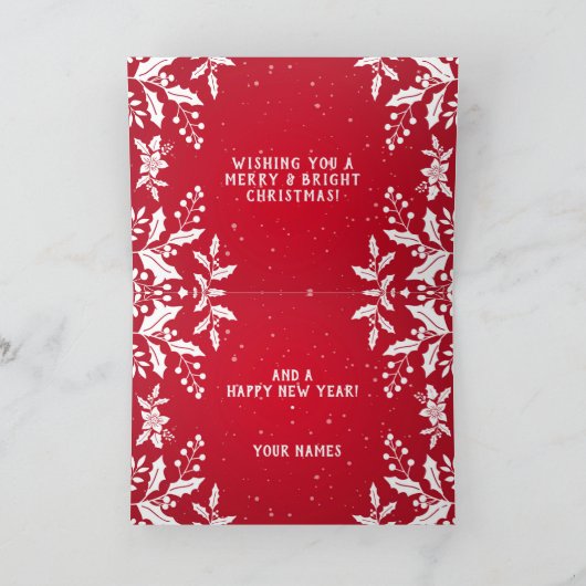 Kerstfoto rood, wit, Holly, feestelijk Feestdagen Kaart (Binnen)