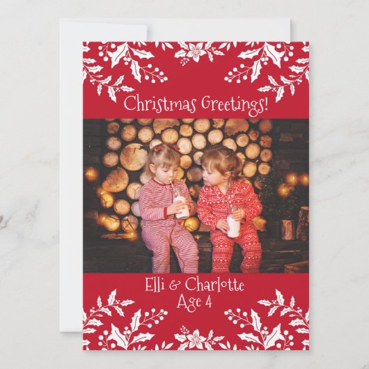 Kerstfoto rood, wit Holly, feestelijk Kaart (Voorkant)