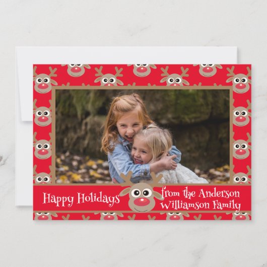 Kerstfoto Rood Wit Schattige rendierpatroon Feestdagenkaart (Voorkant)