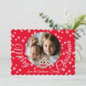 Kerstfoto Rood Wit Script Schattige rendier Feestdagenkaart (Staand voorkant)