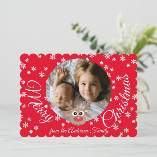 Kerstfoto Rood Wit Script Schattige rendier Feestdagenkaart (Staand voorkant)