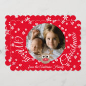 Kerstfoto Rood Wit Script Schattige rendier Feestdagenkaart (Voorkant / Achterkant)