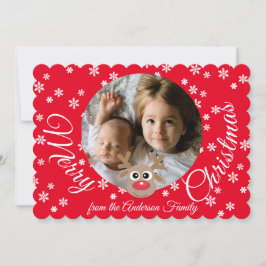 Kerstfoto Rood Wit Script Schattige rendier Feestdagenkaart