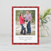 Kerstfoto Rood Zwart Plaid Feestdagenkaart (Staand voorkant)