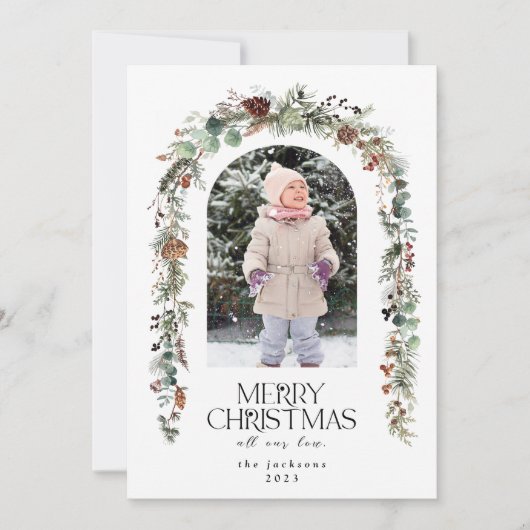 Kerstfoto Rustiek groen bessen ceder Feestdagenkaart (Voorkant)