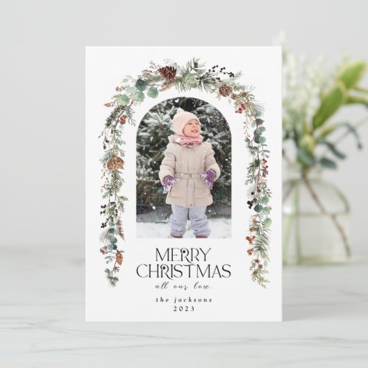 Kerstfoto Rustiek groen bessen ceder Feestdagenkaart (Staand voorkant)