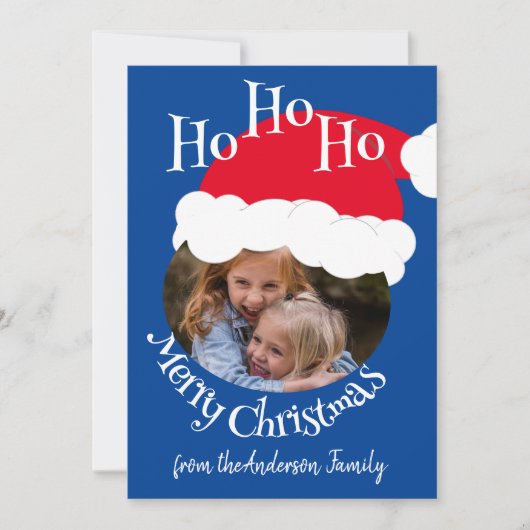Kerstfoto Santa Hat Schattige Blauw Feestdagenkaart (Voorkant)
