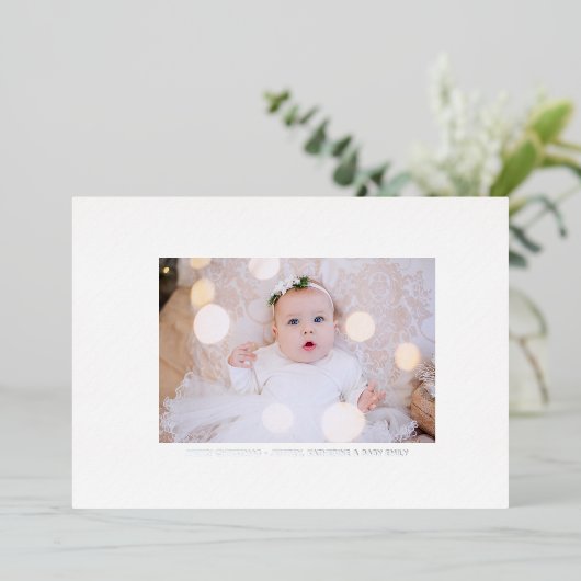 Kerstfoto Silver Pinstripe Folie Feestdagenkaart (Staand Voorkant)