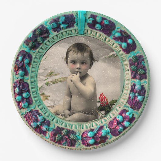 KERSTFOTO SJABLOON BABY'S EERSTE KERSTFEEST IN BLU PAPIEREN BORDJE (Voorkant)