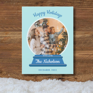 KERSTFOTO SNEEUW WERELDBOL FEESTDAGENKAART