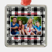 Kerstfoto Snowflakes Naam Buffalo Check Meta Metalen Ornament (Voorkant)