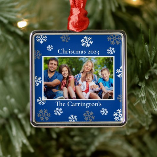 kerstfoto Snowflakes naam datum blauw metaal of Metalen Ornament (Boom)