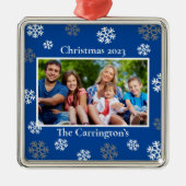 kerstfoto Snowflakes naam datum blauw metaal of Metalen Ornament (Voorkant)