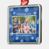 kerstfoto Snowflakes naam datum blauw metaal of Metalen Ornament (Links)