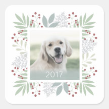kerstfoto sticker bladeren en bessen | Vierkant