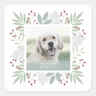 kerstfoto sticker bladeren en bessen   Vierkant