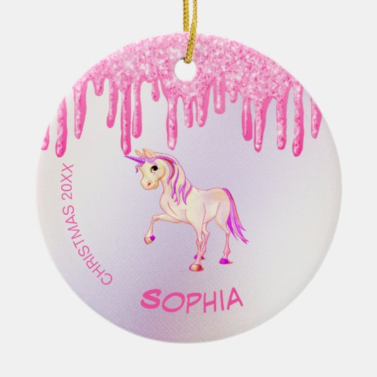 kerstfoto Unicorn Pink Glitter Girly Keramisch Ornament (Voorkant)
