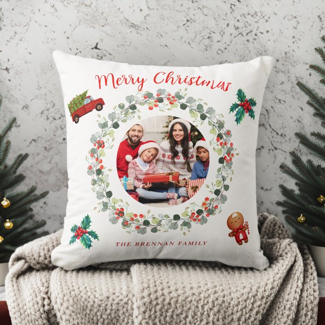 Kerstfoto Vakantie krans feestelijk Kussen (Christmas Photo Holiday Wreath Festive Throw Pillow)