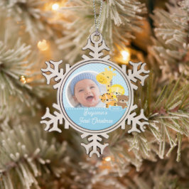 Kerstfoto van baby-giraffe tin sneeuwvlok ornament