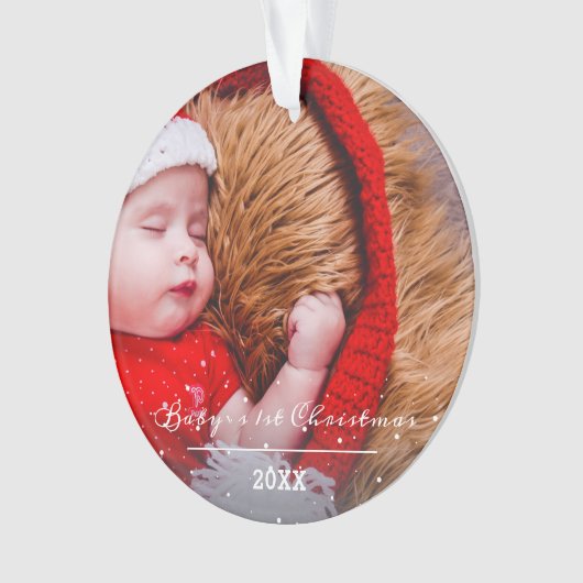 kerstfoto van baby voor het eerste kerstscript ornament (voorkant)