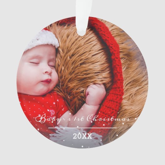 kerstfoto van baby voor het eerste kerstscript ornament (voorkant)
