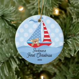 Kerstfoto van baby's eerste zeilboot keramisch ornament