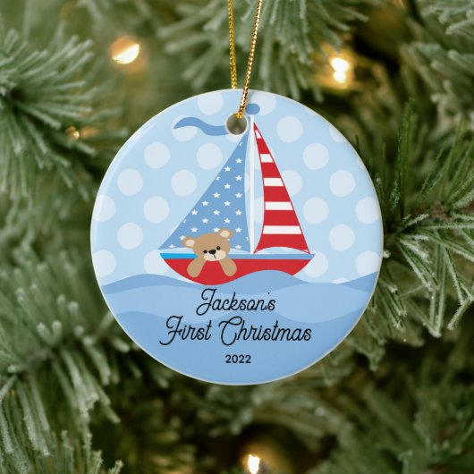 Kerstfoto van baby's eerste zeilboot keramisch ornament (Boom)