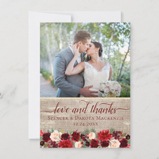 kerstfoto van Boho Floral Burgundy Gold Bedankkaart (Voorkant)